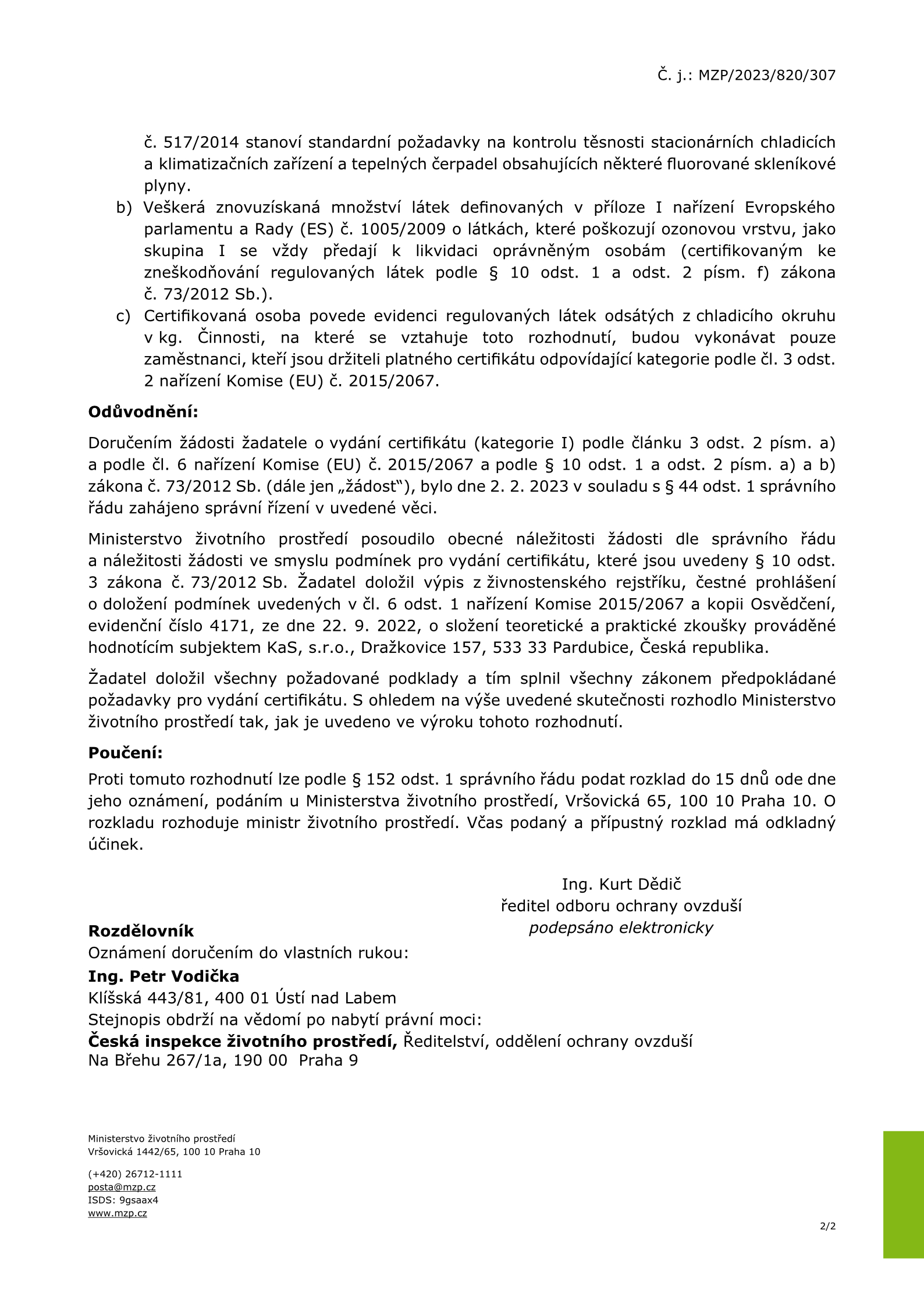 MŽP Certifikát kat. I - 2